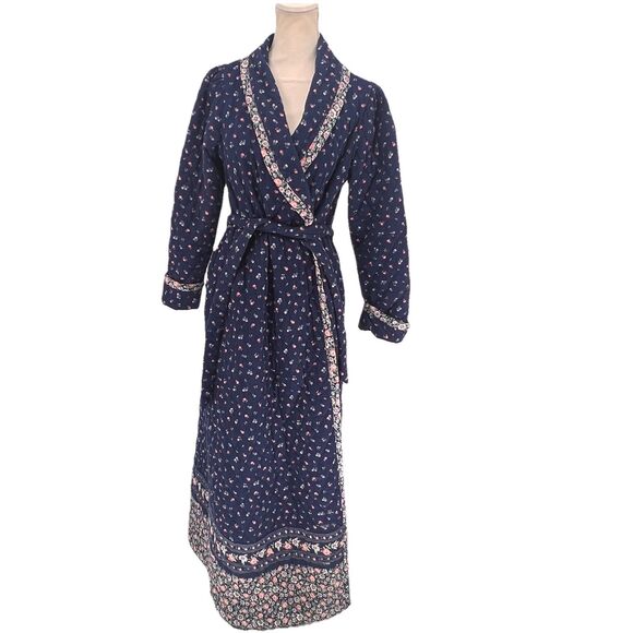 Vintage Miss Elaine Pink Blue Floral Quilted Robe Medium Housecoat Belted - Picture 1 of 15